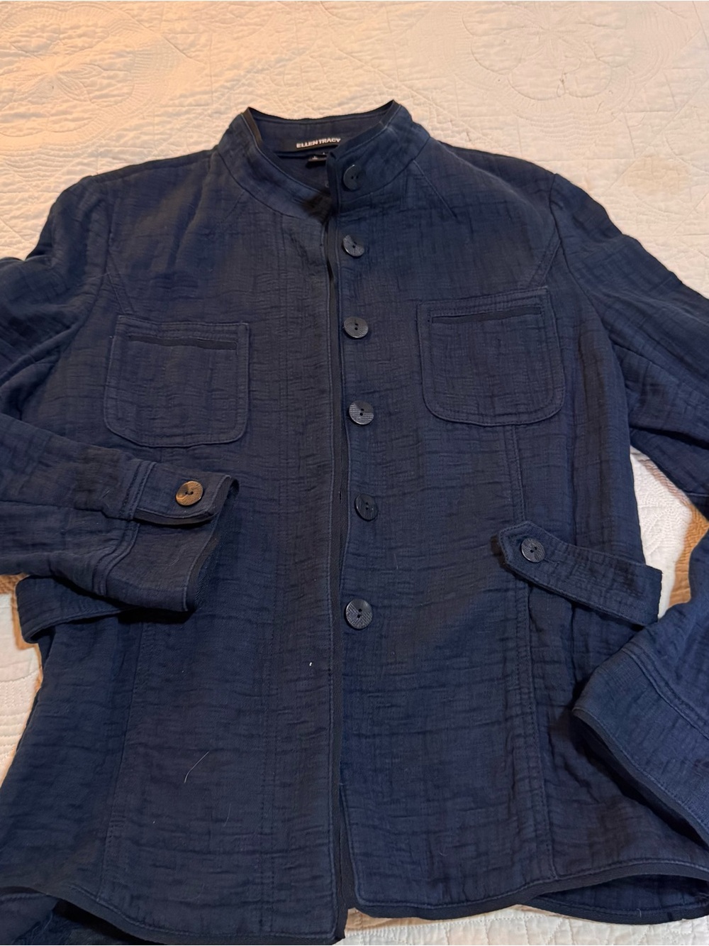 Ellen Tracy Navy Textured Button Front Jacket